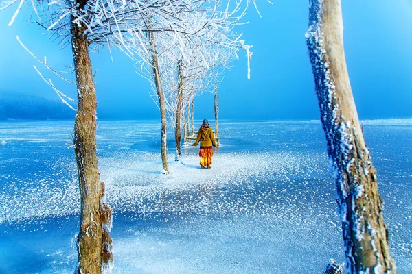 Femme Sur Lac Glace Belle Robe Ethno Beaux Arbres Gelés — Photo