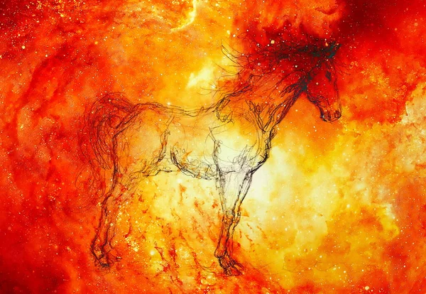 Pferd Kosmischen Raum Ursprüngliche Handzeichnung Feuerwirkung — Stockfoto