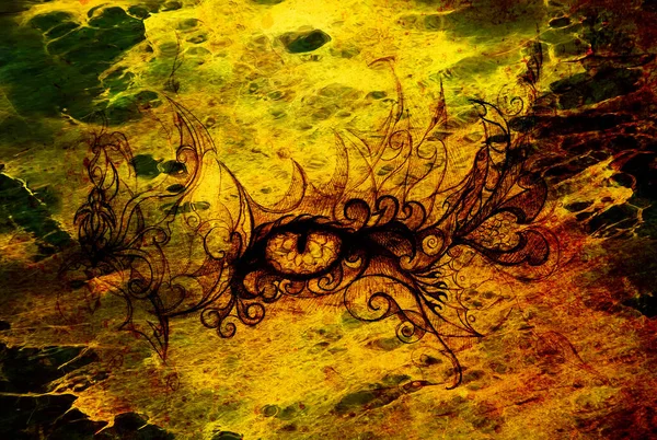 Mistik göz ve güzel bir süs. Eski kağıda çizim, orijinal el çizimi. Renk efekti