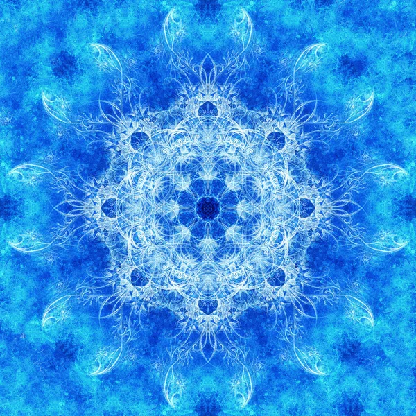 Süslü mandala. Orijinal el çizimi ve bilgisayar kolajı. Mavi renkli yapı. Kış etkisi