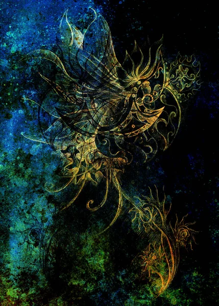 Süs çizim. Özgün el çizmek ve bilgisayar kolaj. Renk yapısı