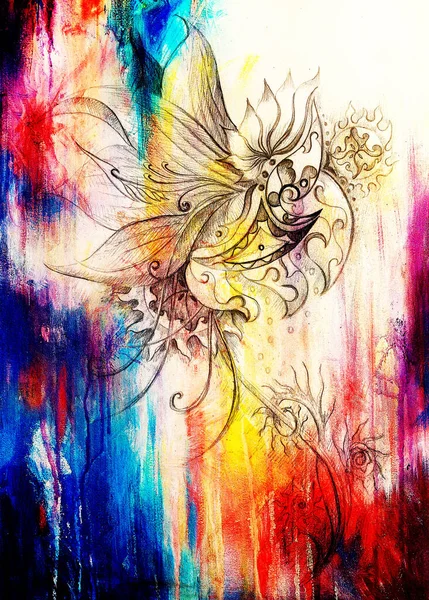 Süs çizim. Özgün el çizmek ve bilgisayar kolaj. Renk yapısı