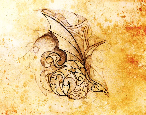 Drawing Ornament Dragon Head Old Paper Color Effect — Stock Photo, Image