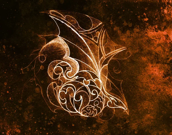 Eski kağıda süs ve ejderha kafası çizimi. Renk efekti