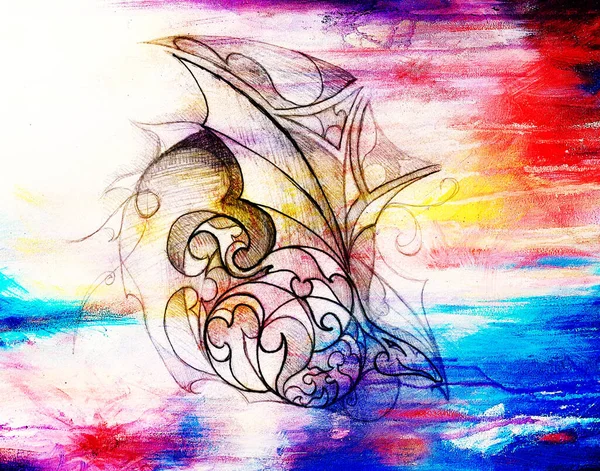 Eski kağıda süs ve ejderha kafası çizimi. Renk efekti