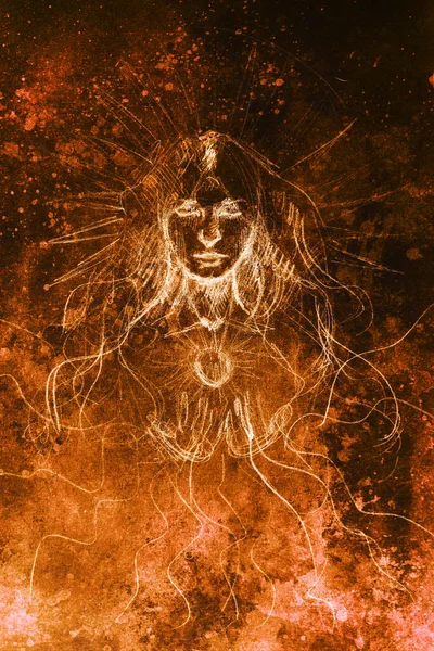 mistik kadın. eski kağıt üzerine kalem çizim