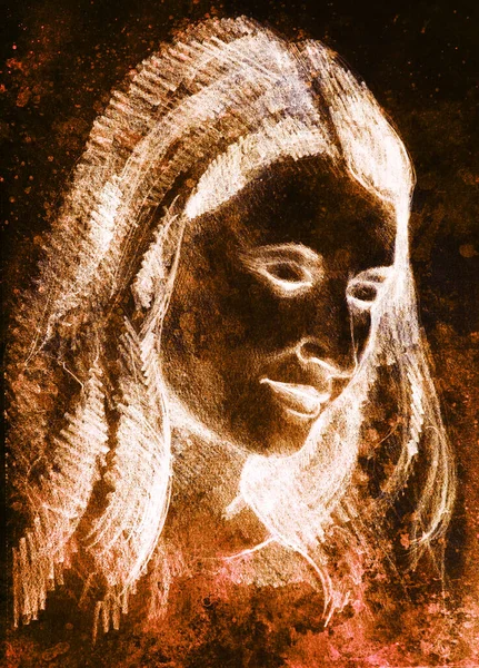 Portrait Belle Femme Dessin Crayon Sur Vieux Papier Effet Couleur — Photo