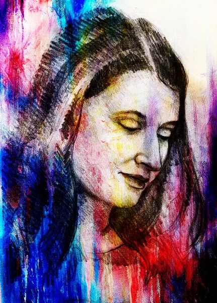 Portret Pięknej Kobiety Rysunek Ołówka Starym Papierze Efekt Koloru — Zdjęcie stockowe
