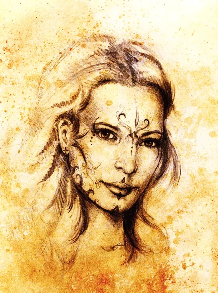 Mistyczna Kobieta Ozdobą Twarzy Rysunek Ołówka Starym Papierze — Zdjęcie stockowe
