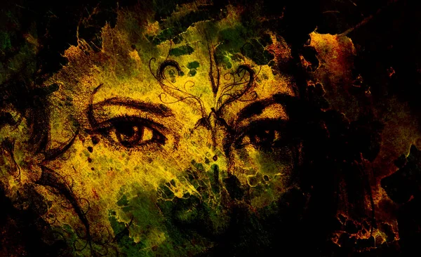 Мистическая Женщина Орнаментом Лице Карандашный Рисунок Старой Бумаге — стоковое фото