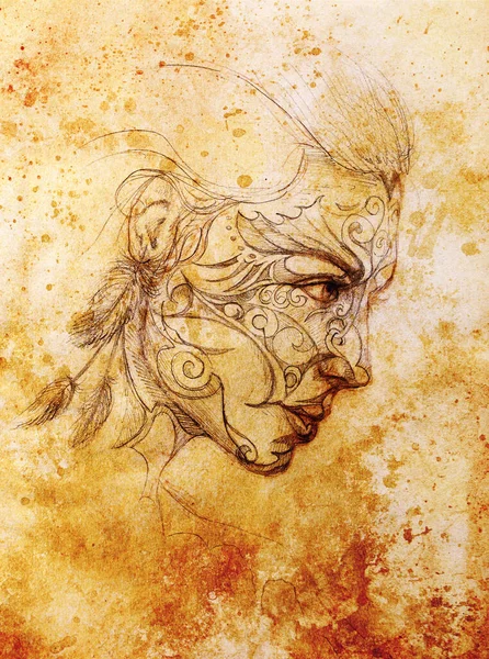 Mystische Frau Mit Ornament Gesicht Bleistiftzeichnung Auf Altem Papier Farbeffekt — Stockfoto