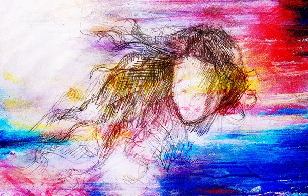 Schizzo Donna Capelli Svolazzanti Disegno Matita Vecchia Carta Effetto Colore — Foto Stock