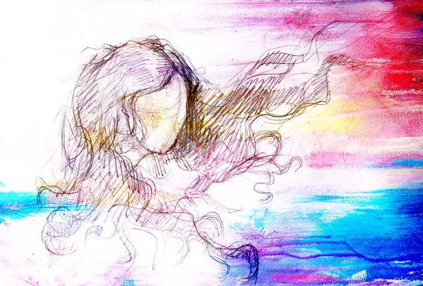 Эскиз Женщины Трепещущие Волосы Карандашный Рисунок Старой Бумаге Цветной Эффект — стоковое фото
