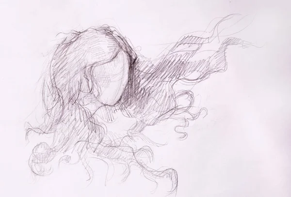 여자와 날갯짓하는 머리를 그림이죠 연필그리기 — 스톡 사진