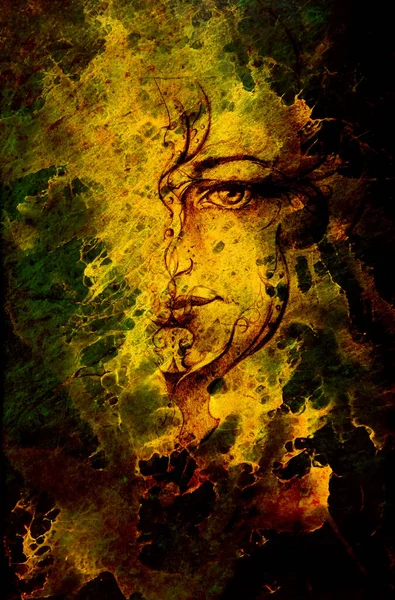 Мистическая Женщина Орнаментом Лице Карандашный Рисунок Старой Бумаге Цветной Эффект — стоковое фото