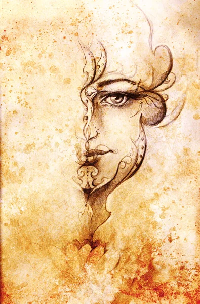 顔に装飾が施された神秘的な女性 古い紙に鉛筆で描いたものです 色効果 — ストック写真