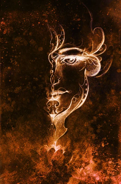 Yüzünde süs olan gizemli kadın. Eski kağıda kalem çizimi. Renk efekti