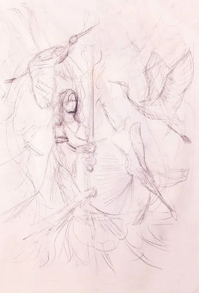 Boceto Mujer Espada Con Pájaros — Foto de Stock