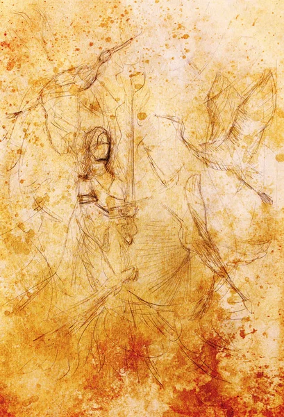 Sketsa Gadis Muda Dengan Gaun Panjang Dengan Burung Phoenix Efek — Stok Foto