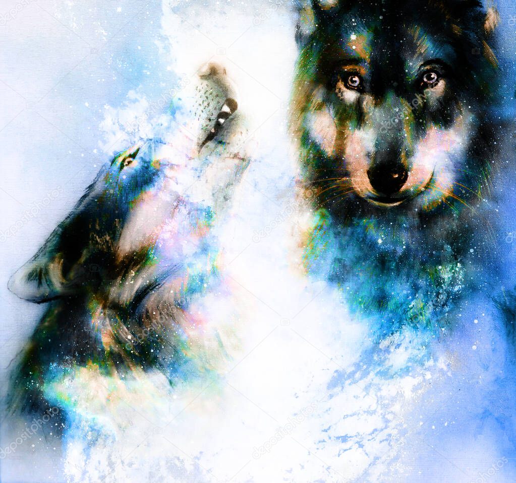 Magical space wolf, painting and graphic collage. Winter effect