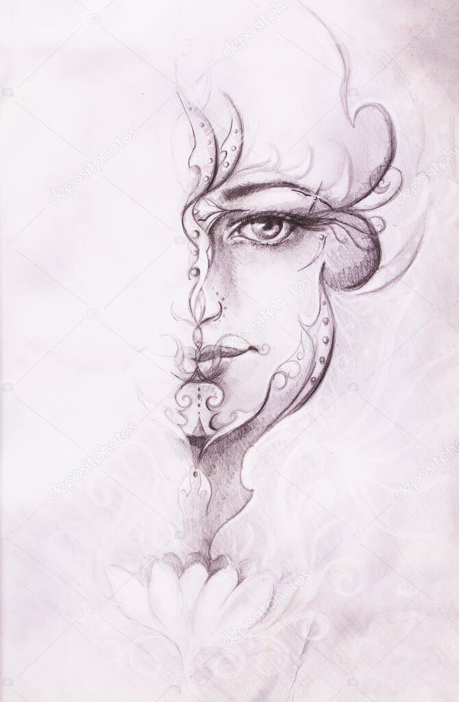 Mystic woman with ornament on face. pencil drawing on old paper. Color effect