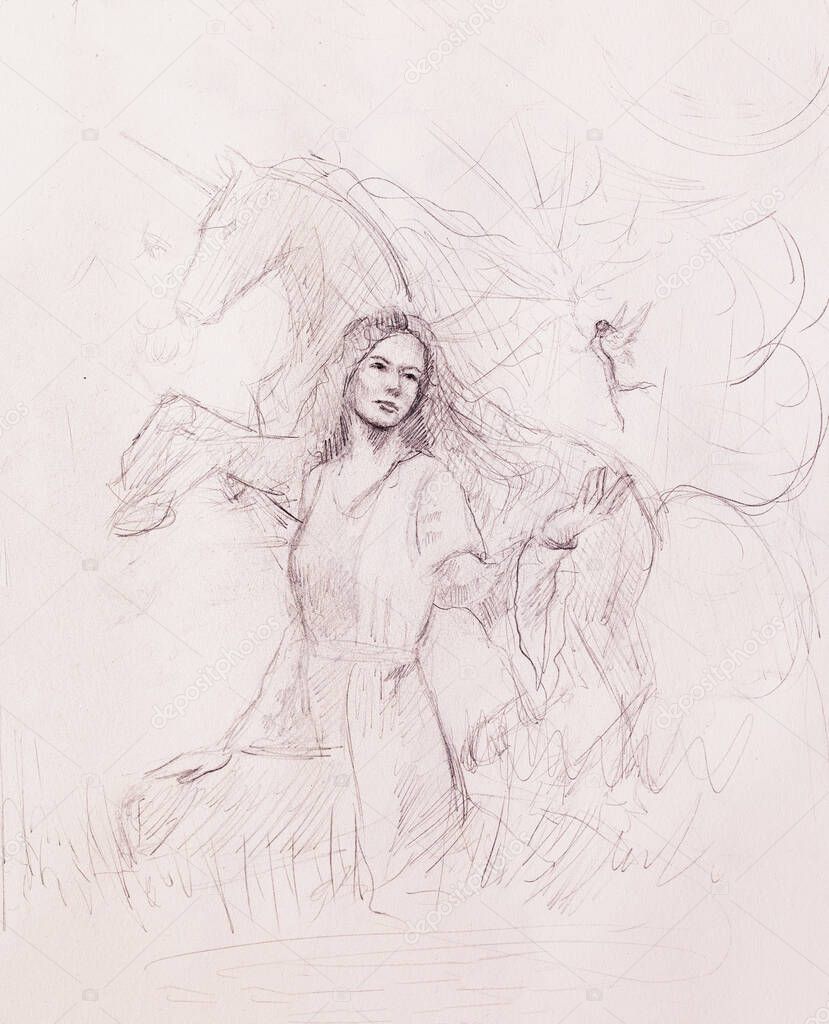 sketch of courageous young woman with unicorn and litle fairy on white paper background