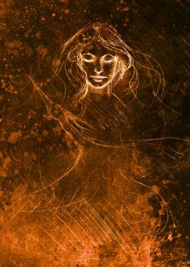 Soyut arka planda uçan anka kuşu olan güzel düşünceli kadın yüzü çizimi