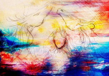 Hareket halinde iki kuvvet ve kadın, Benekli arka planda soyut çizim