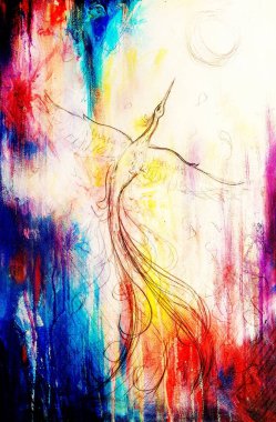 Anka kuşu yükseliyor, soyut renkli arka planda çizimler yapıyor.