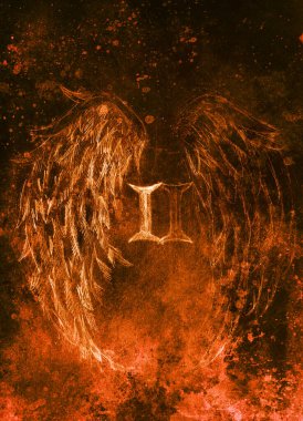 Eski kağıt ve grafik efekt üzerine kalem çizimi. melek kanatları ve Roma numarası