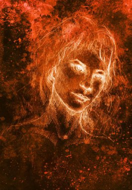 Arkaplanda, yapılandırılmış grafik efektli genç bir kadının portresi