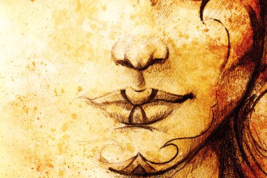 Çene ve dudakların ince dantel nükteli çizimi, soyut arka planda, süslerle süslenmiş.