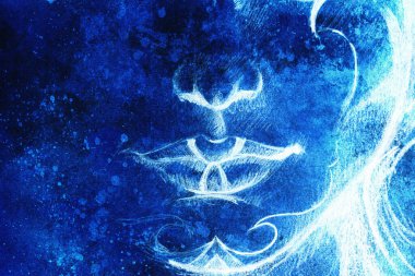 Çene ve dudakların ince dantel nükteli çizimi, soyut arka planda, süslerle süslenmiş.