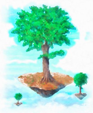 Hava adasının ağacı ve oturan Buddha. Grafik biçimlendirmeli boyama