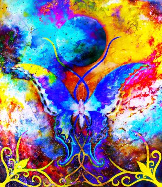 Kozmik uzayda kelebek ve süslemeli ay. Boyama ve grafik tasarımı