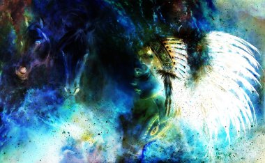 İki atı ve kozmik uzay arkaplanı olan muhteşem tüylü bir başlık giyen genç Hintli kadın.