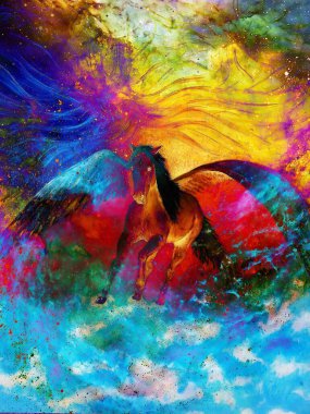 Kozmik uzayda Pegasus. Boyama ve grafik tasarımı