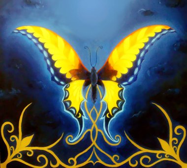 Süslü renkli Kelebek ve arka planda gece gökyüzü
