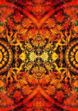 filigrane çiçek süsleme kozmik backgrond, bilgisayar kolaj üzerinde mandala şekli ile. Yangın etkisi