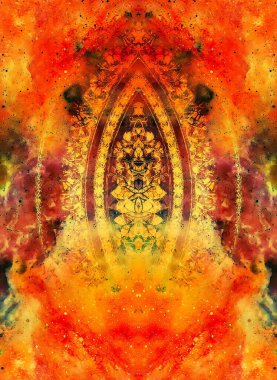 filigrane çiçek süsleme kozmik backgrond, bilgisayar kolaj üzerinde mandala şekli ile. Yangın etkisi