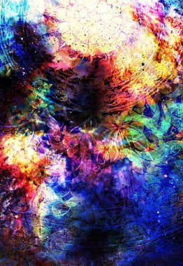 Kozmik backgrond, bilgisayar kolaj üzerinde filigrane çiçek süsleme