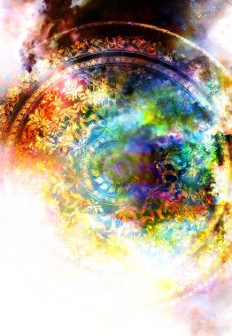 filigrane çiçek süsleme kozmik backgrond, bilgisayar kolaj üzerinde mandala şekli ile. Yangın etkisi