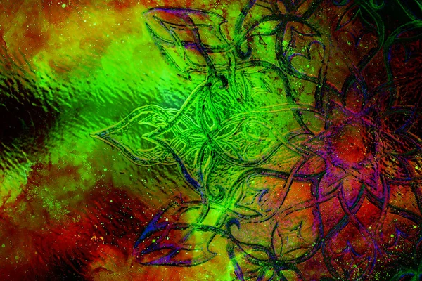 Filigrane Ornament Met Mandala Vorm Kosmische Ondergrond Computer Collage Glas — Stockfoto
