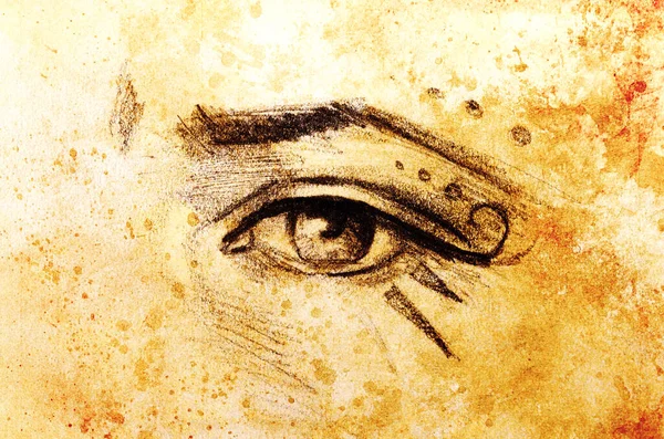 眉と化粧の装飾が施された女性の目のスケッチ抽象的な背景に描かれた — ストック写真