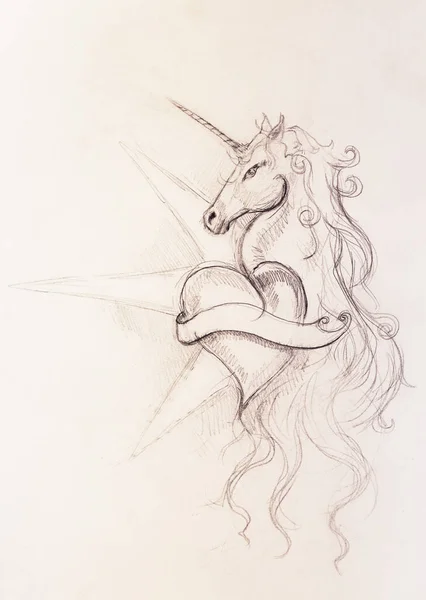 Linear Drawing Unicorn Heart Shape White Paper Background — Stock Photo, Image