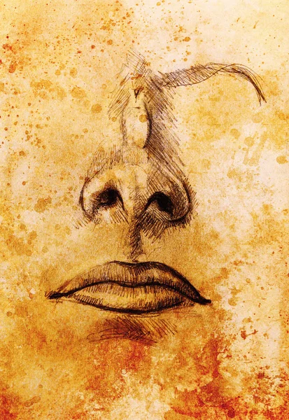 Umělecký Náčrt Obličejových Částí Nosu Úst Barevném Strukturovaném Abstraktním Pozadí — Stock fotografie