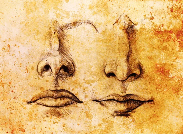 Künstlerische Skizze Von Gesichtsteilen Nase Und Mund Auf Bunt Strukturiertem — Stockfoto