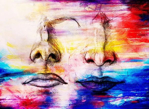 artistic sketch of face parts, nose and mouth, on colorful structured abstract background