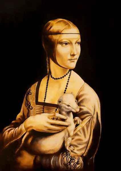 Unfinised Reproduction Process Painting Lady Ermine Leonardo Vinci Graphic Effect — Stock Photo, Image