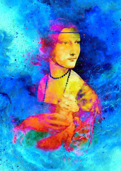 Graphic effect collage of my reproduction of painting Lady with an Ermine by Leonardo da Vinci. Cosmic background